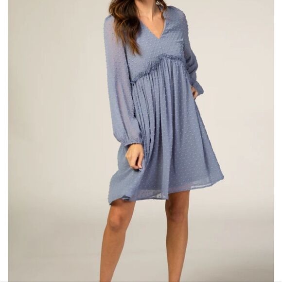 Pinkblush Listicle Slate Blue Swiss‎ Dot Textured Babydoll Mini Dress Small - Picture 1 of 4